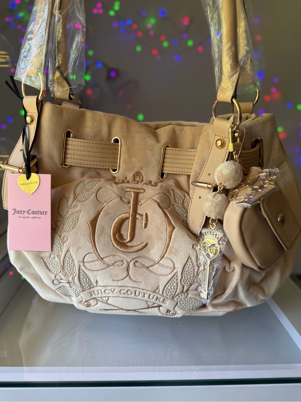 Juicy Couture Sparkle Royal Tote Buff Beige Daydreamer Velour Y2k Rare Viral New